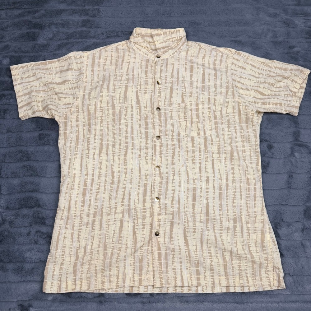 Van Heusen Mens Large Short Sleeve Button Down Shirt Tan Abstract Stripe 13882
